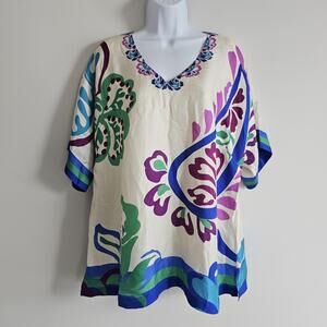 Johnny Was Blouse Womens XL Multicolor Silk Slater Tunic Boho Coastal Relaxed